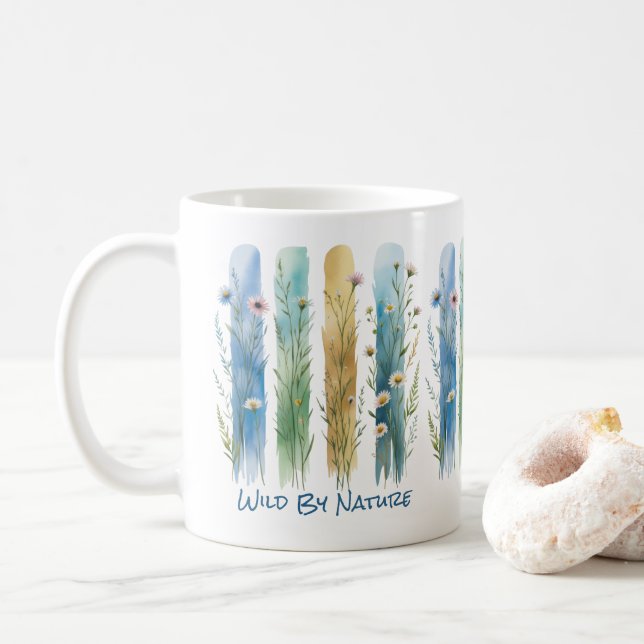 Personalized Wildflowers Brush Stroke Blue Green  Coffee Mug (With Donut)