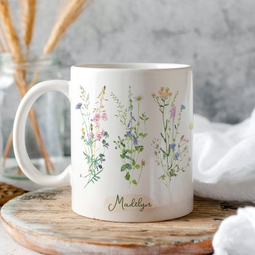 Personalized Wildflowers Floral Watercolor   Coffee Mug