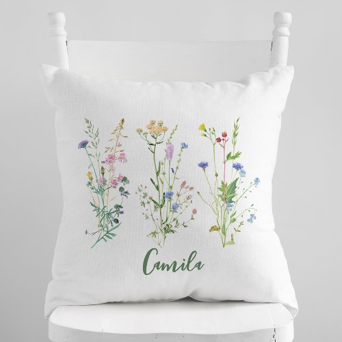 Personalized Wildflowers Floral Watercolor   Throw Pillow