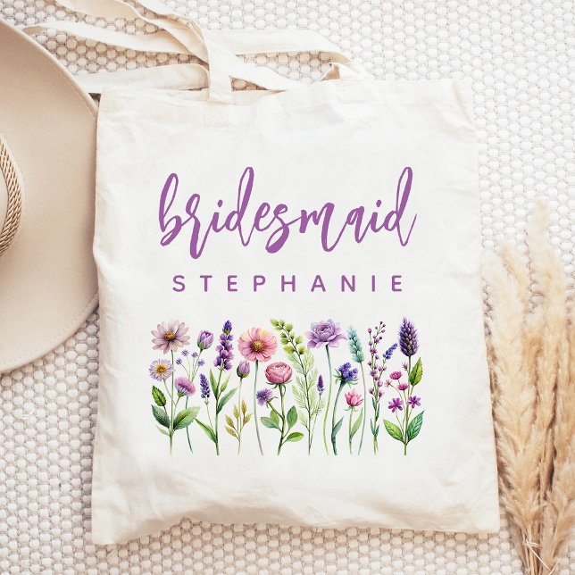 Personalized Wildflowers Purple Script Bridesmaid Tote Bag (Creator Uploaded)
