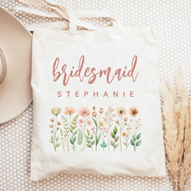 Personalized Wildflowers Rose Script Bridesmaid Tote Bag (Creator Uploaded)