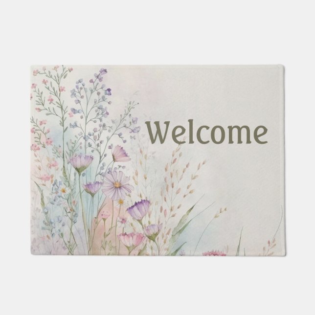 Personalized Wildflowers Watercolor Welcome Doormat (Front)
