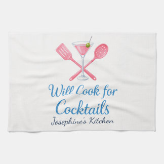 Personalized Will Cook for Cocktails Funny Elegant Kitchen Towel