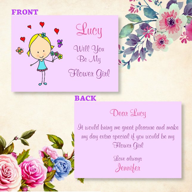 Personalized Will You Be My Flower Girl Invitation (Front and back view of the invitation)