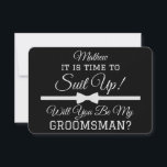 Personalized “Will You Be My Groomsman?” Suit Up  Thank You Card<br><div class="desc">Pop the question in style with this personalized “Will You Be My Groomsman?” card, featuring a bold black background, white bowtie graphic, and the phrase “It’s Time to Suit Up!” Complete with a customizable name, this sleek and modern proposal card is the perfect way to ask your best guys to...</div>