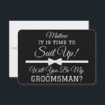 Personalized “Will You Be My Groomsman?” Suit Up  Thank You Card<br><div class="desc">Pop the question in style with this personalized “Will You Be My Groomsman?” card, featuring a bold black background, white bowtie graphic, and the phrase “It’s Time to Suit Up!” Complete with a customizable name, this sleek and modern proposal card is the perfect way to ask your best guys to...</div>