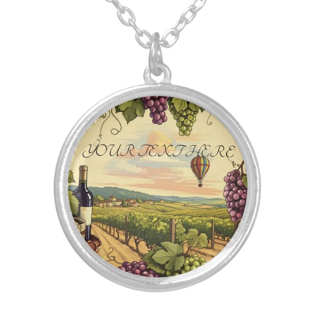 Personalized Wine Country Hot Air Balloon Vineyard Silver Plated Necklace (Front)