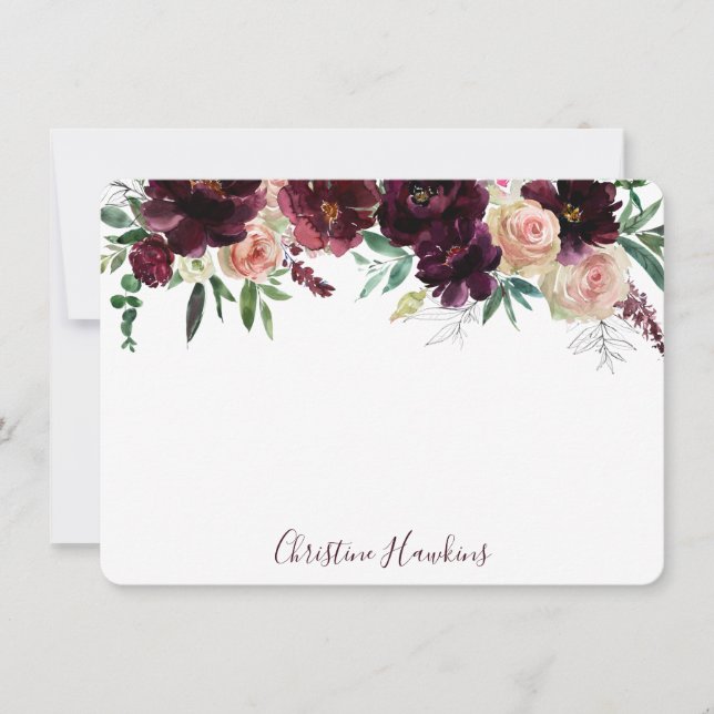 Personalized Wine Red Modern Watercolor Floral Note Card (Front)