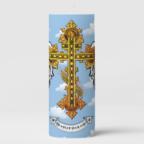 Personalized Winged Cross Pillar Candle