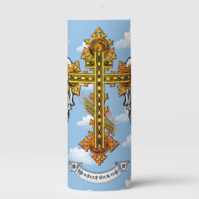 Personalized Winged Cross Pillar Candle (Front)