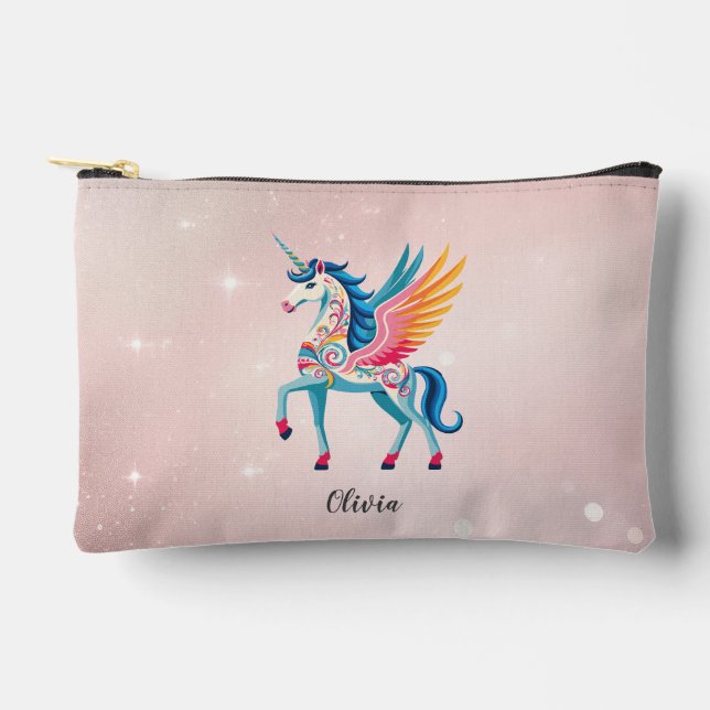 Personalized Winged Unicorn Accessory Pouch (Front)