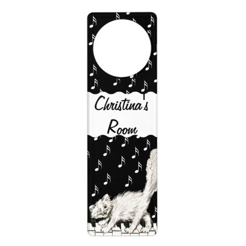 Personalized Winking White Cat on Piano Music Note Door Hanger