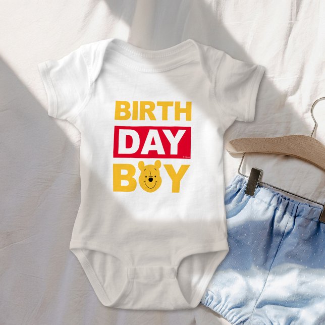 Personalized Winnie the Pooh Birthday Boy Baby Bodysuit (Bodysuit on bed)