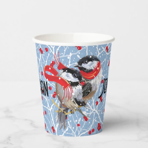 Personalized Winter Birds Couple ChristmasBlue Paper Cups