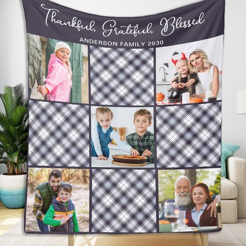 Personalized Winter Blue Gray Plaid Photo Collage Fleece Blanket
