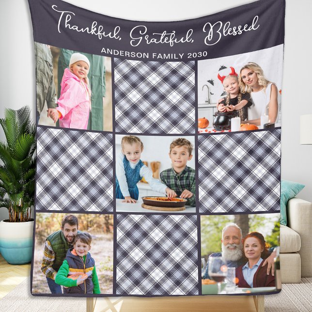 Personalized Winter Blue Gray Plaid Photo Collage Fleece Blanket (Creator Uploaded)