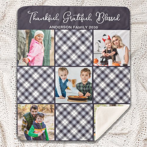 Personalized Winter Blue Gray Plaid Photo Collage  Sherpa Blanket