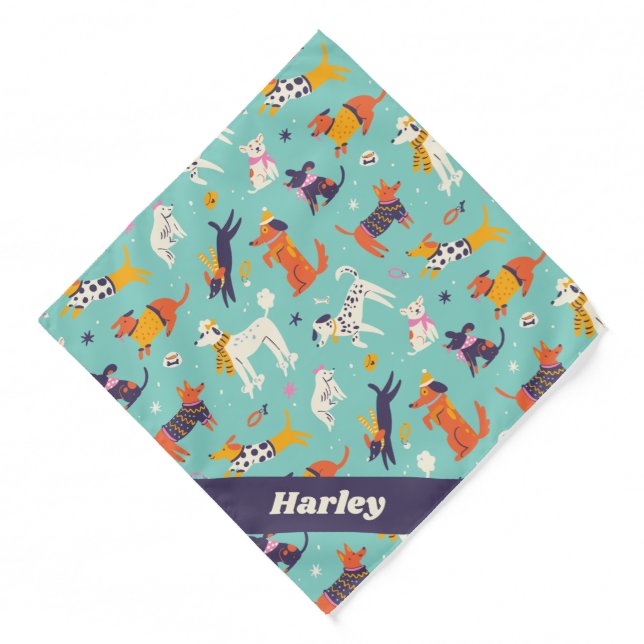 Personalized Winter Dog Pattern Retro Custom Name Bandana (Front)