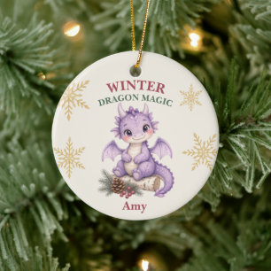 Personalized Winter Dragon Magic Watercolor Ceramic Ornament
