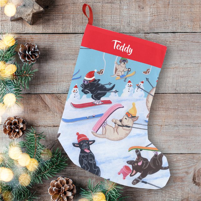 Personalized Winter Fun Christmas Skiing Labradors Small Christmas Stocking (Personalized Winter Fun Christmas Skiing Labradors Design Christmas Stocking for Labrador Owners.)