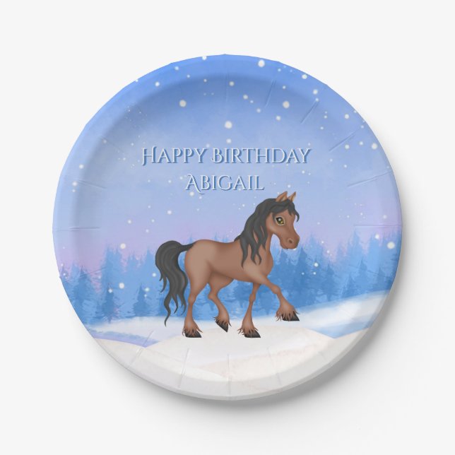 Personalized Winter Horse and Snow Birthday Paper Plates (Front)