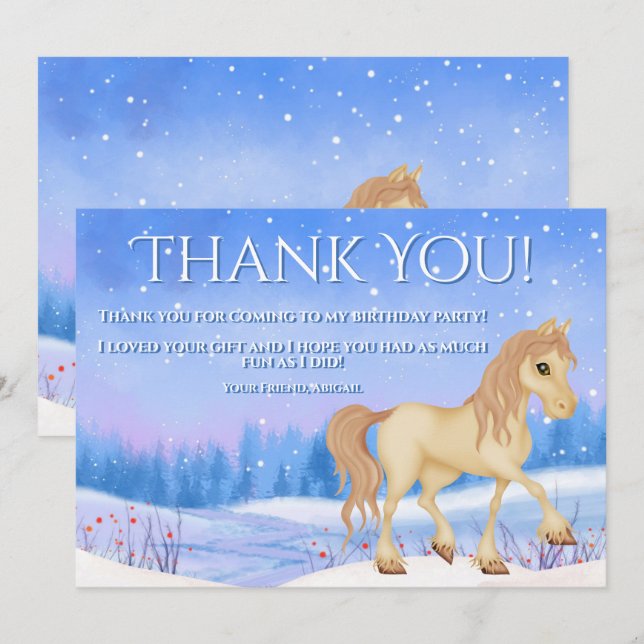 Personalized Winter Horse and Snow Birthday Thank You Card (Front/Back)