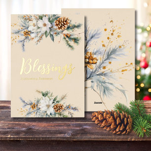 Personalized Winter Magnolia and Pinecone Blessing Foil Holiday Card