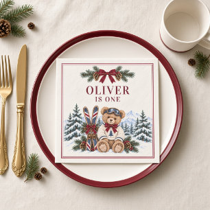 Personalized Winter Mountain Teddy Bear Burgundy Napkins