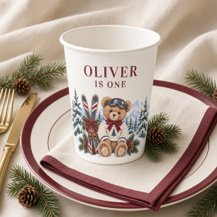 Personalized Winter Mountain Teddy Bear Paper Cups
