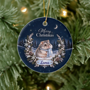 Personalized Winter Night Christmas Hamster Orname Ceramic Ornament
