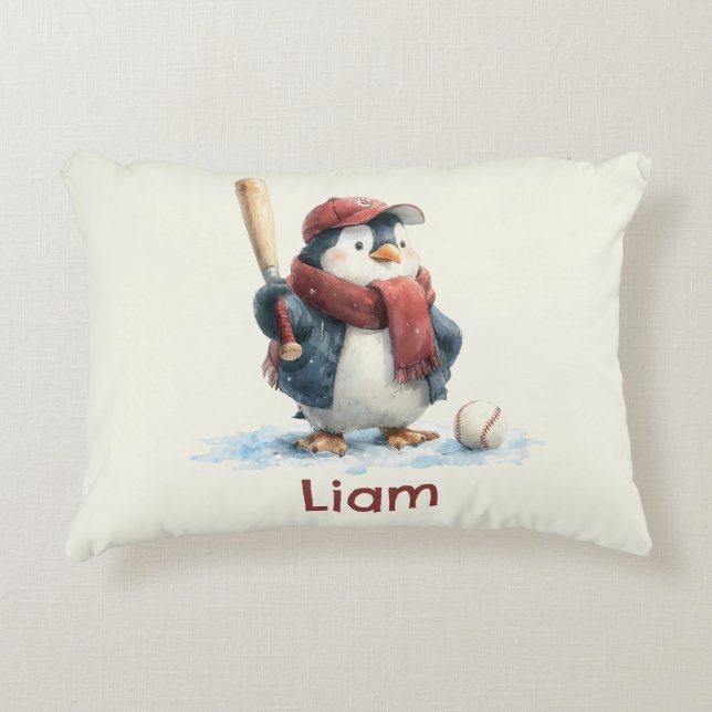 Personalized Winter Penguin Baseball Kid Accent Pillow (Front)