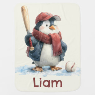 Personalized Winter Penguin Baseball Kid Baby Blanket