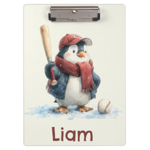 Personalized Winter Penguin Baseball Kid Clipboard