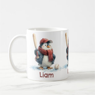 Personalized Winter Penguin Baseball Kid Coffee Mug