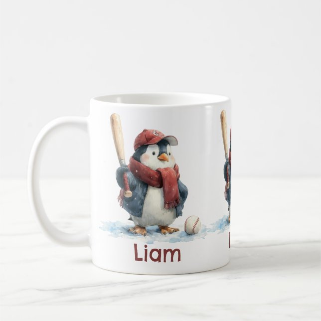 Personalized Winter Penguin Baseball Kid Coffee Mug (Left)