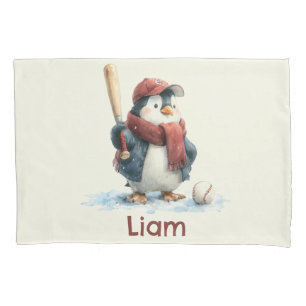 Personalized Winter Penguin Baseball Kid Pillow Case