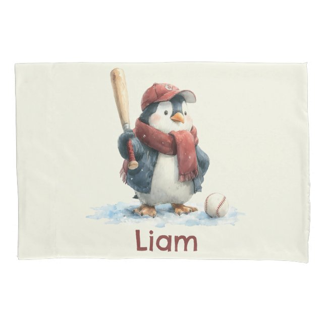 Personalized Winter Penguin Baseball Kid Pillow Case (Front)
