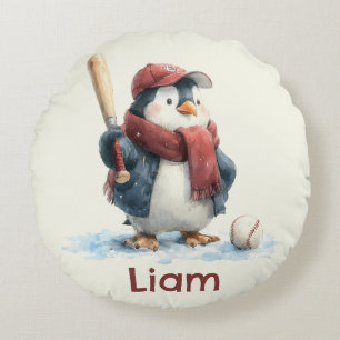 Personalized Winter Penguin Baseball Kid Round Pillow