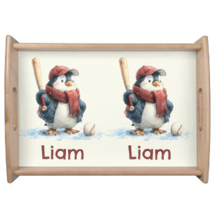 Personalized Winter Penguin Baseball Kid Serving Tray