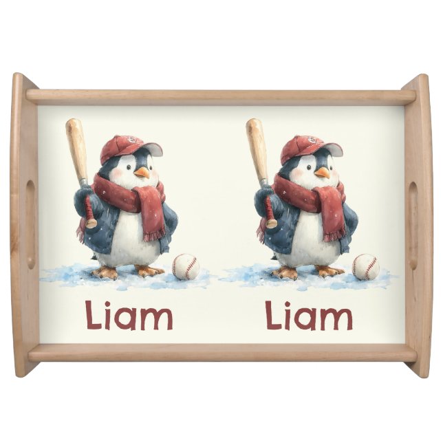 Personalized Winter Penguin Baseball Kid Serving Tray (Front)