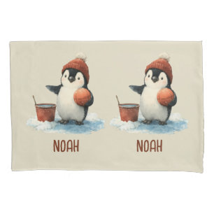 Personalized Winter Penguin Basketball Kid Pillow Case