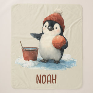 Personalized Winter Penguin Basketball Kid Sherpa Blanket
