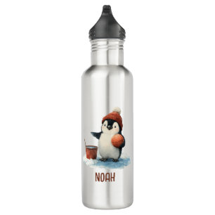 Personalized Winter Penguin Basketball Kid Stainless Steel Water Bottle