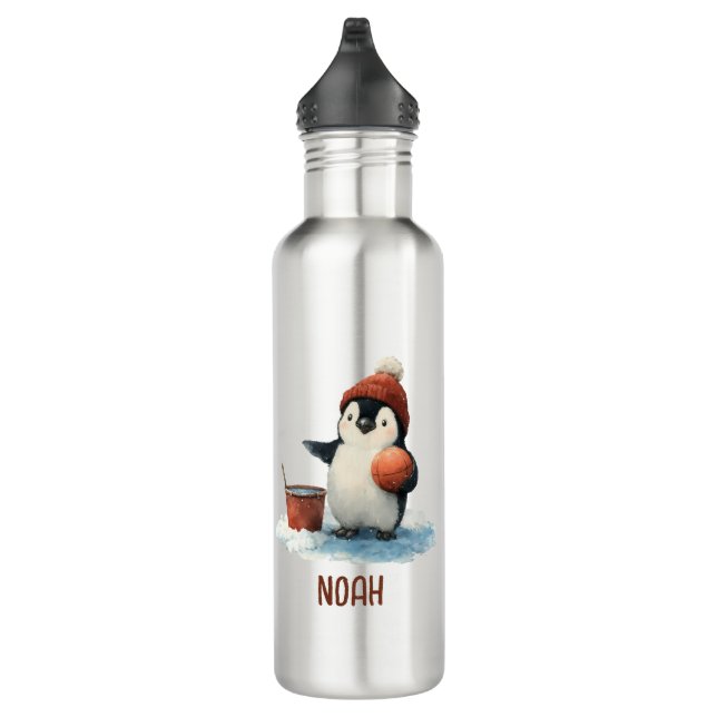 Personalized Winter Penguin Basketball Kid Stainless Steel Water Bottle (Right)