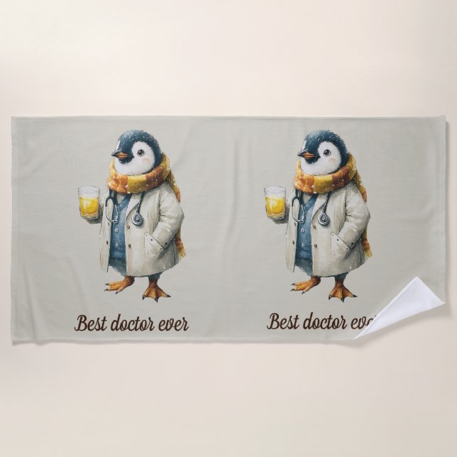 Personalized Winter Penguin “Best Doctor Ever” Beach Towel (Front)