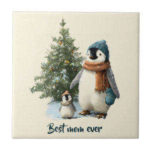 Personalized Winter Penguin “Best Mom Ever” Ceramic Tile
