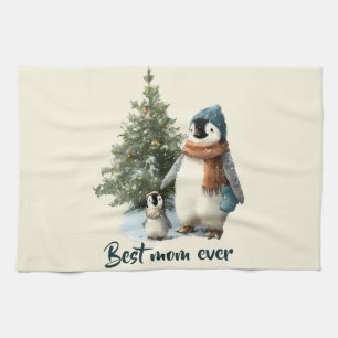 Personalized Winter Penguin “Best Mom Ever” Kitchen Towel
