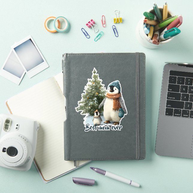 Personalized Winter Penguin “Best Mom Ever” Sticker (iPad Cover)