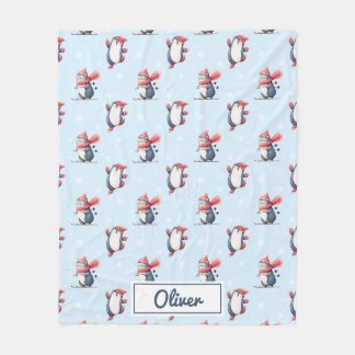 Personalized Winter Penguin Boys Fleece Blanket