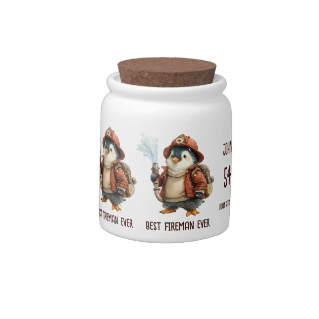 Personalized Winter Penguin Firefighter Gift Mug Candy Jar (Left)